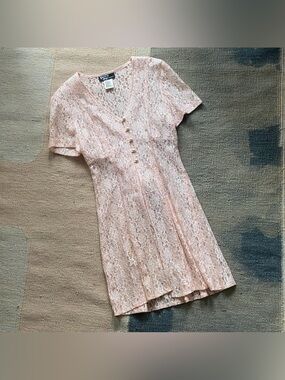 Vintage 80s Pink Sheer Lace Dress / Topper Size Medium